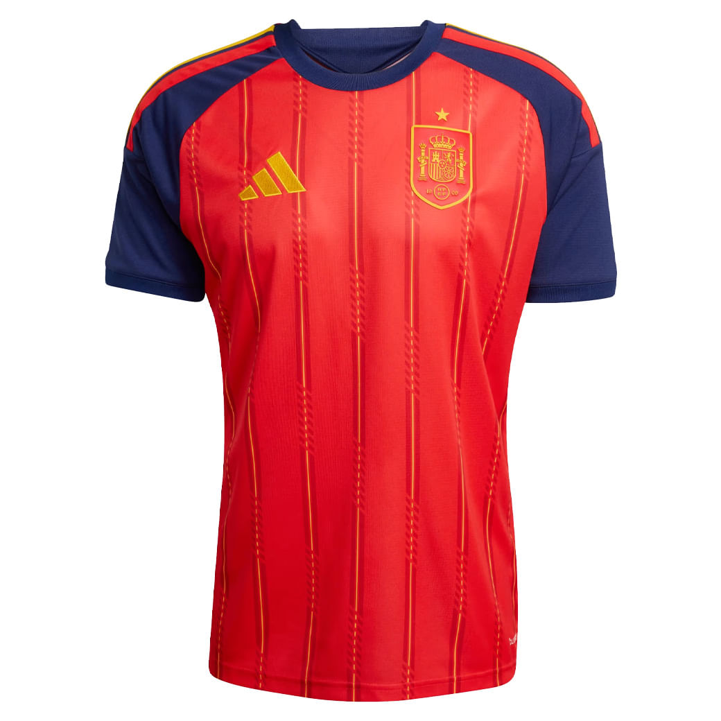 Camisa masculina Adidas Espanha na cor vermelha, vista frontal com escudo e logotipo da Espanha no peito